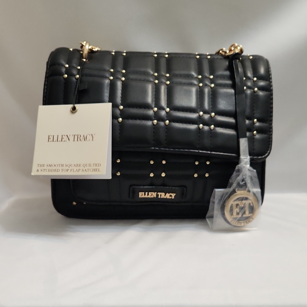 Ellen Tracy The Smooth Square Quilted Studded Top Flap Black Gold Satchel